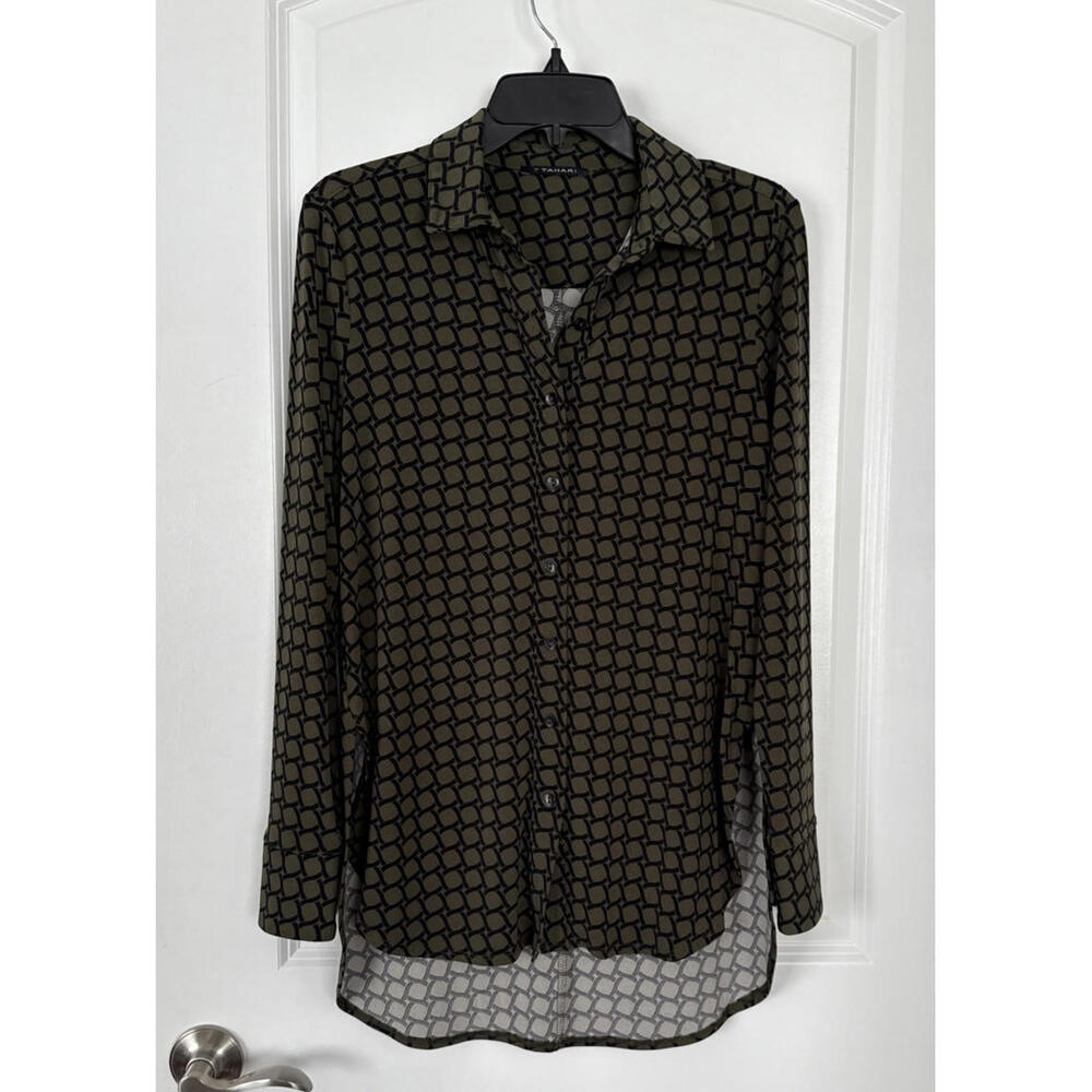 Tahari Women's Sz XS Button Up Long Sleeve Tunic Blouse Olive Office Business